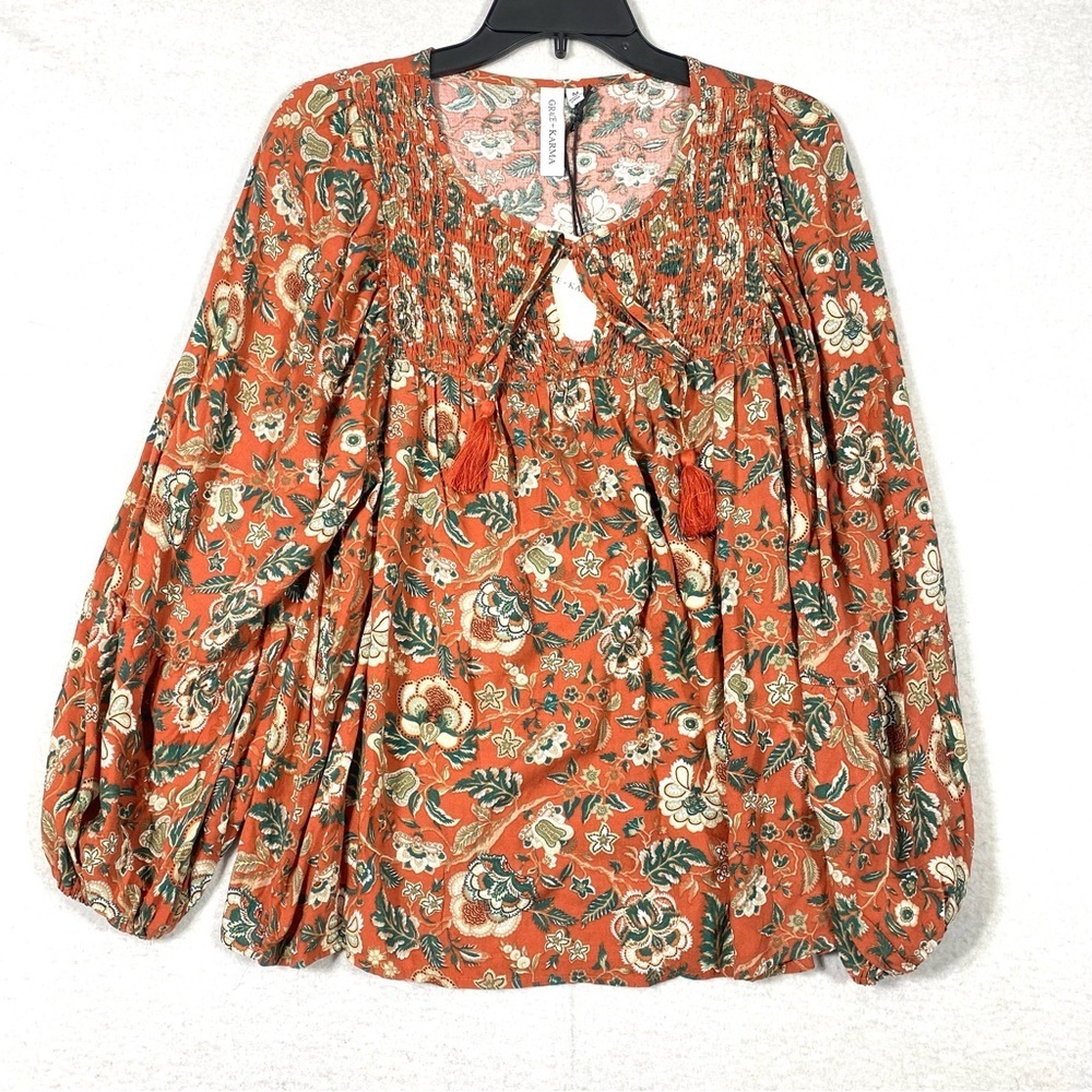 Grace + Karma Smocked Peasant Top Women M Floral Paisley Long Sleeve Keyhole NWT